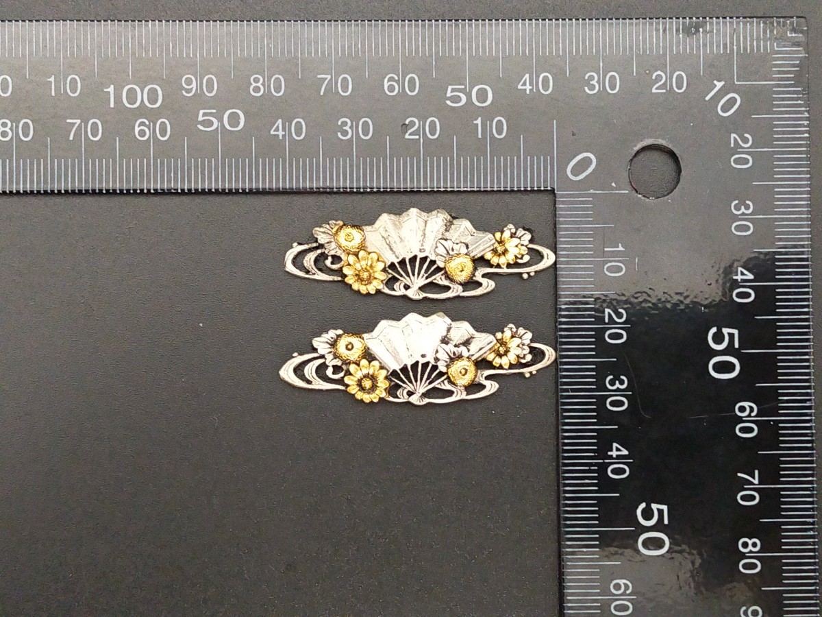 MS10 日本刀装具 目貫 扇子 銅製 金工品 拵 刀剣美術の画像3