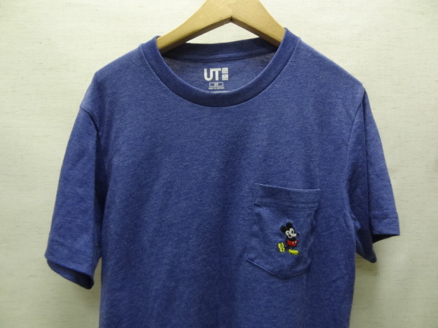 全国送料無料 ユニクロ UT X ミッキーマウス ディズニー メンズ＆レディース ワンポイント刺繍 杢青色 胸ポケット付き半袖Tシャツ XS_画像3