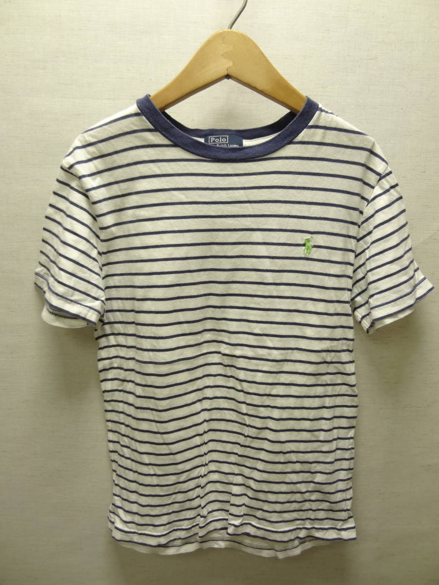 全国送料無料 正規品 ポロ ラルフローレンPOLO RALPH LAUREN子供服キッズ男の子綿100%半袖 緑色ワンポイント刺繍 紺X白ボーダーTシャツ 150