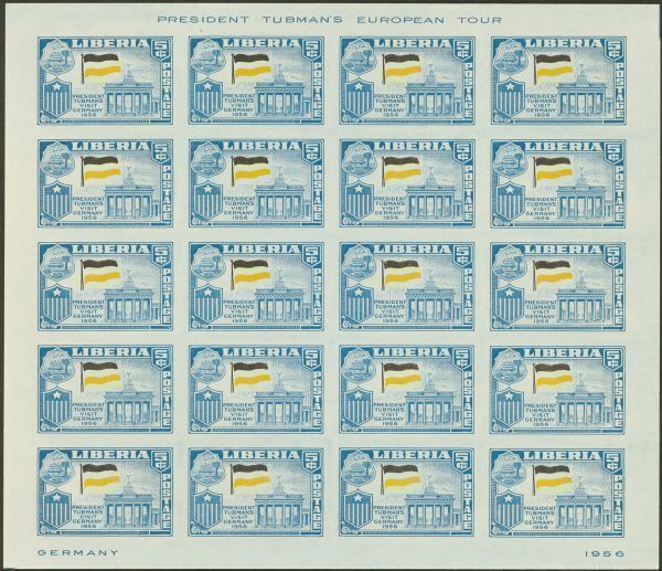 外国切手　リベリア　未使用　1958年　タブマン大統領訪欧　ドイツ　無目打　赤印刷モレエラー　20面シート_画像1
