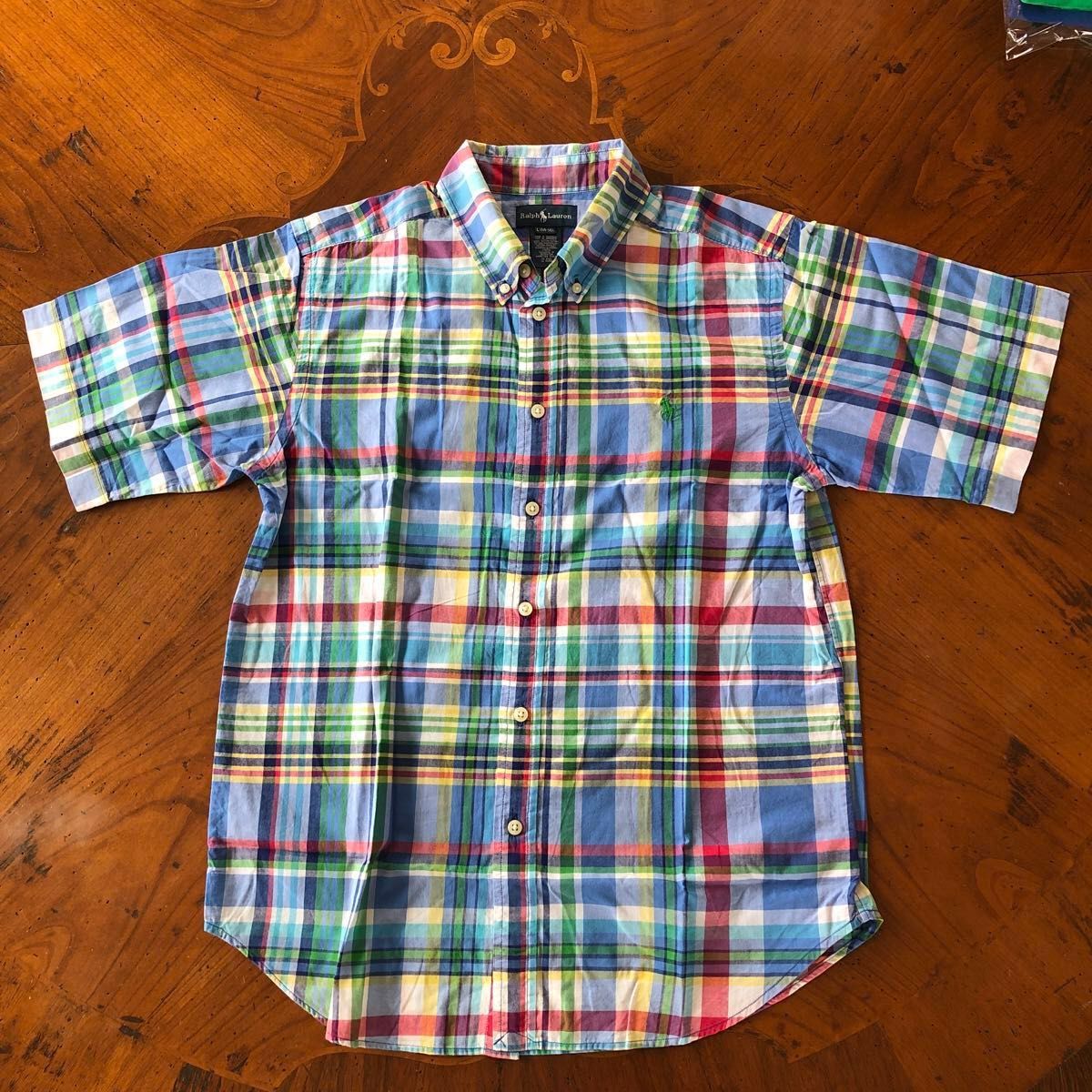 【Polo by Ralph Lauren】ボーイズＬサイズ（14-16）/チェックボタンダウンシャツ/ポロ刺繍「緑」