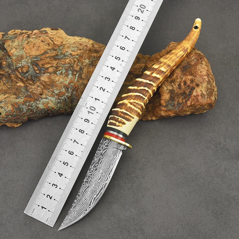 ダマスカス模様 模造角ハンドル モンゴルナイフ シースナイフ アウトドアナイフの画像1