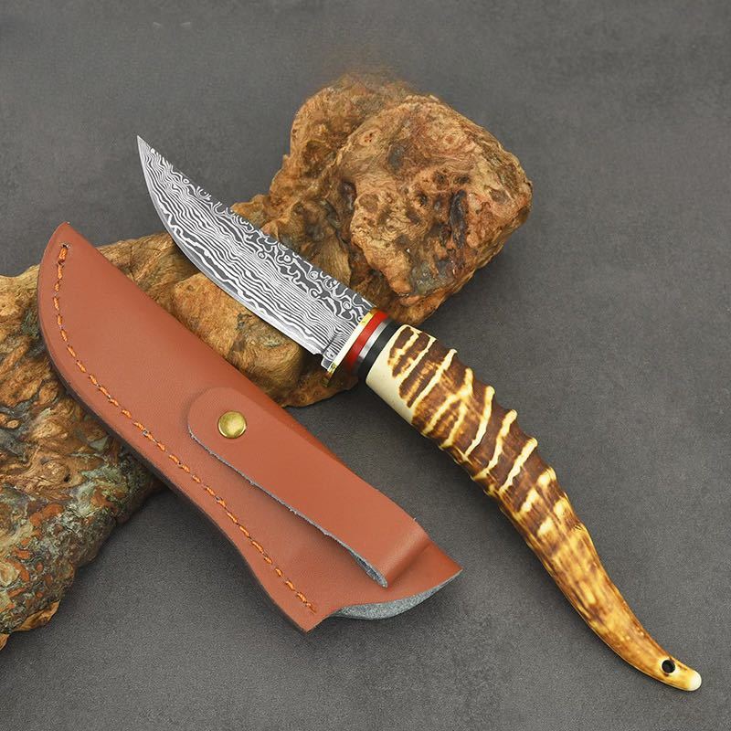 ダマスカス模様 模造角ハンドル モンゴルナイフ シースナイフ アウトドアナイフの画像4