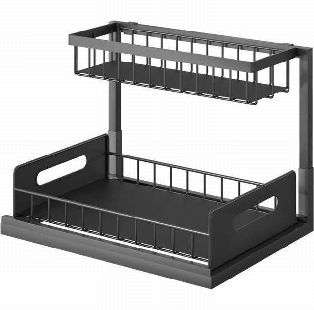 シンク下収納 2段 引き出し キッチン収納 スライド式 隙間収納 調味料入れ 収納ラック 組立簡単 省スペース ブラック_画像2