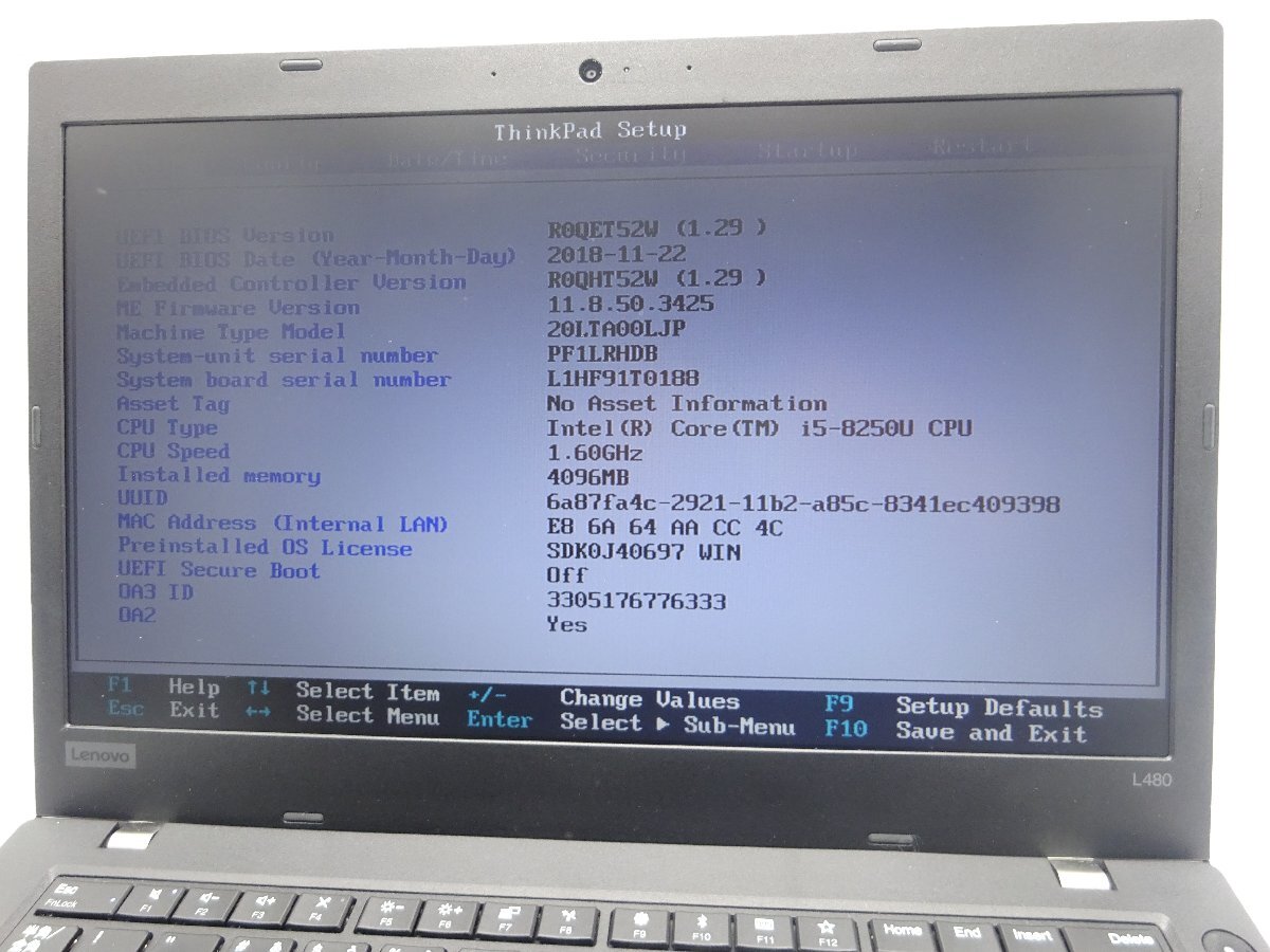 Lenovo ThinkPad L480 20LT-A00LJP 第8世代CPU i5-8250U/メモリ4GB/SSD256GB/14インチ/無線LAN/Webカメラの画像7