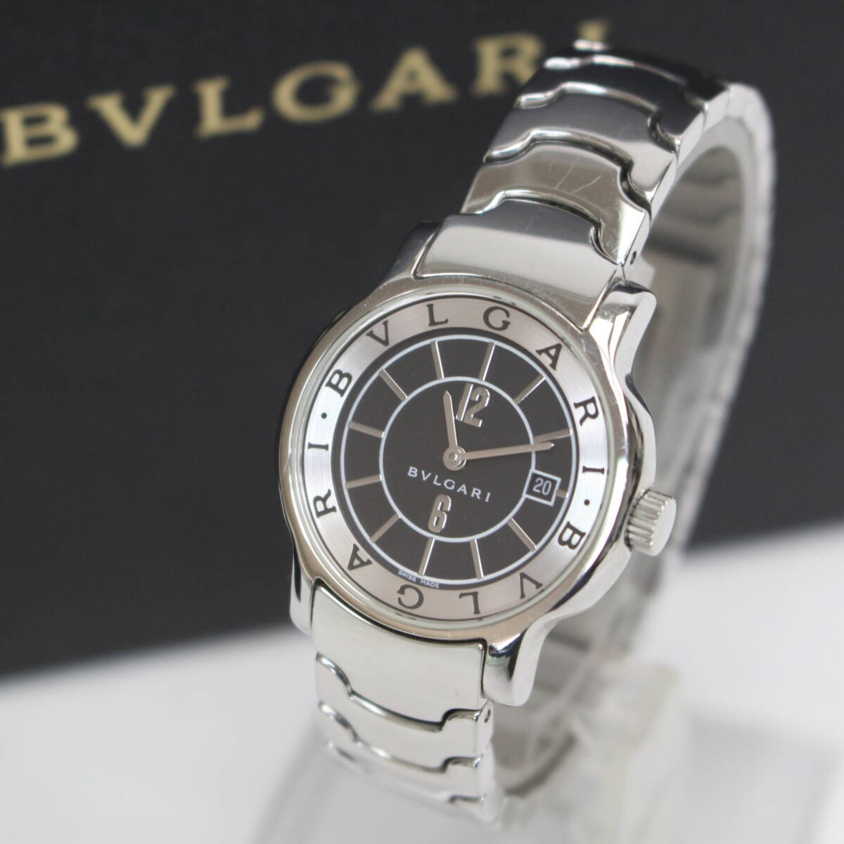 QN1229)【1円スタート/電池交換済み/美品】BVLGARI ブルガリ ソロテンポ ST29S クォーツ 黒文字盤 デイト レディース腕時計 SOLOTEMPOの画像1