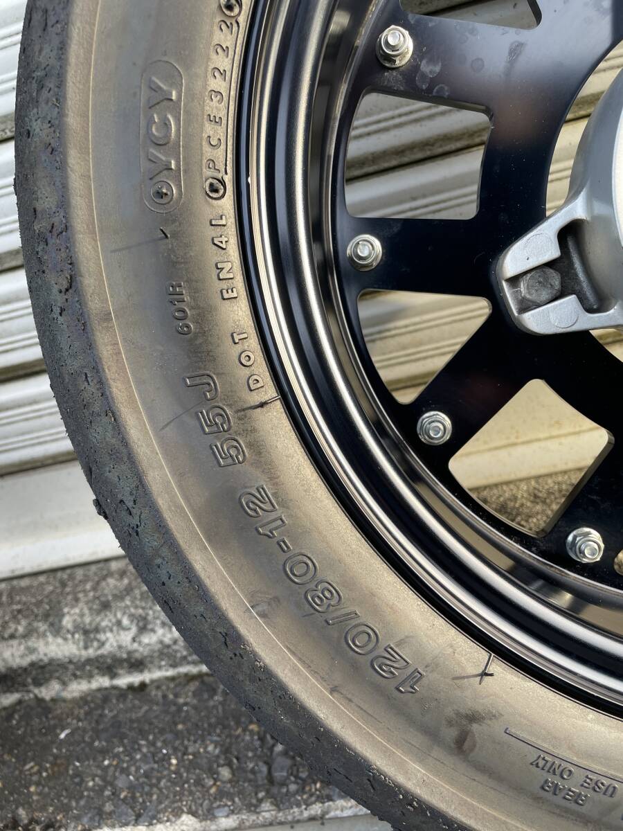 1円～◆SP武川 タケガワ TAKEGAWA アルミホイール前後セットタイヤハブ付 (F12×2.5 R12×2.75) ブラック KSR-Ⅰ/Ⅱ KSR110 中古美品の画像9