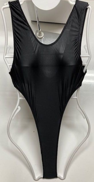 スーパーハイレグレオタード光沢黒Lハーフシースルースパンデックス配合の画像1