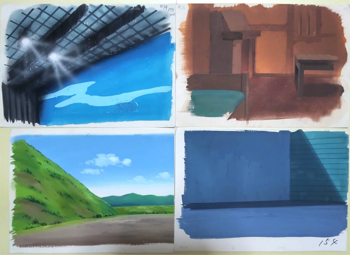 背景画 アニメ制作に使われた直筆背景画(室内や風景他) ４枚セット T064の画像1