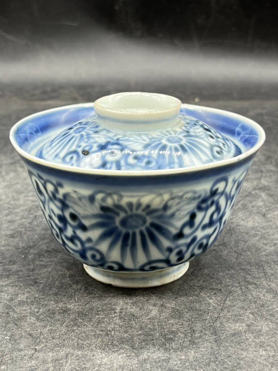r042406 蓋付茶碗 染付 骨董 時代品 蓋茶碗 中国美術の画像1