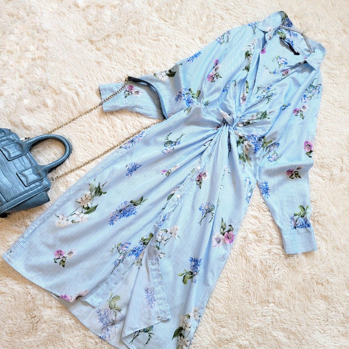 【出品取り消し前です！希望価格でどうぞ♪】ZARA/ザラ●ウエストクロス♪ストライプ×鮮やか花柄ロング丈シャツワンピース