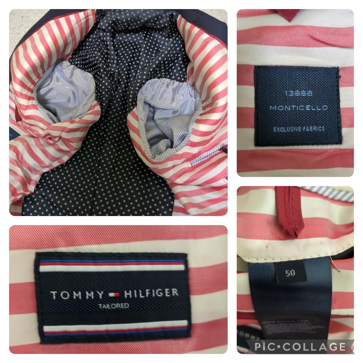 ［星条旗柄裏地］TOMMY HILFIGER/トミーヒルフィガー XL50サイズ メタル銀ボタン テーラードジャケット/ブレザー ネイビーカラー メンズの画像8