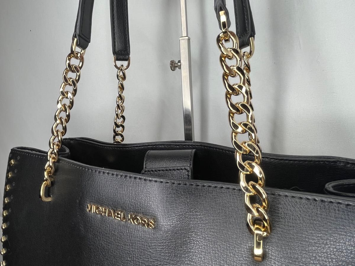 超美品★ MICHAEL KORS マイケルコース　スタッズ　チェーン ショルダーバッグ　トートバッグ　黒 ブラック　A4 レザー