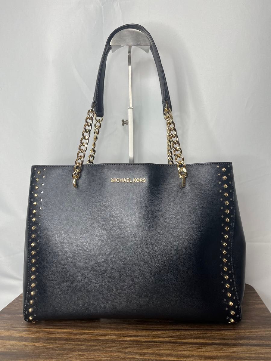 超美品★ MICHAEL KORS マイケルコース　スタッズ　チェーン ショルダーバッグ　トートバッグ　黒 ブラック　A4 レザー