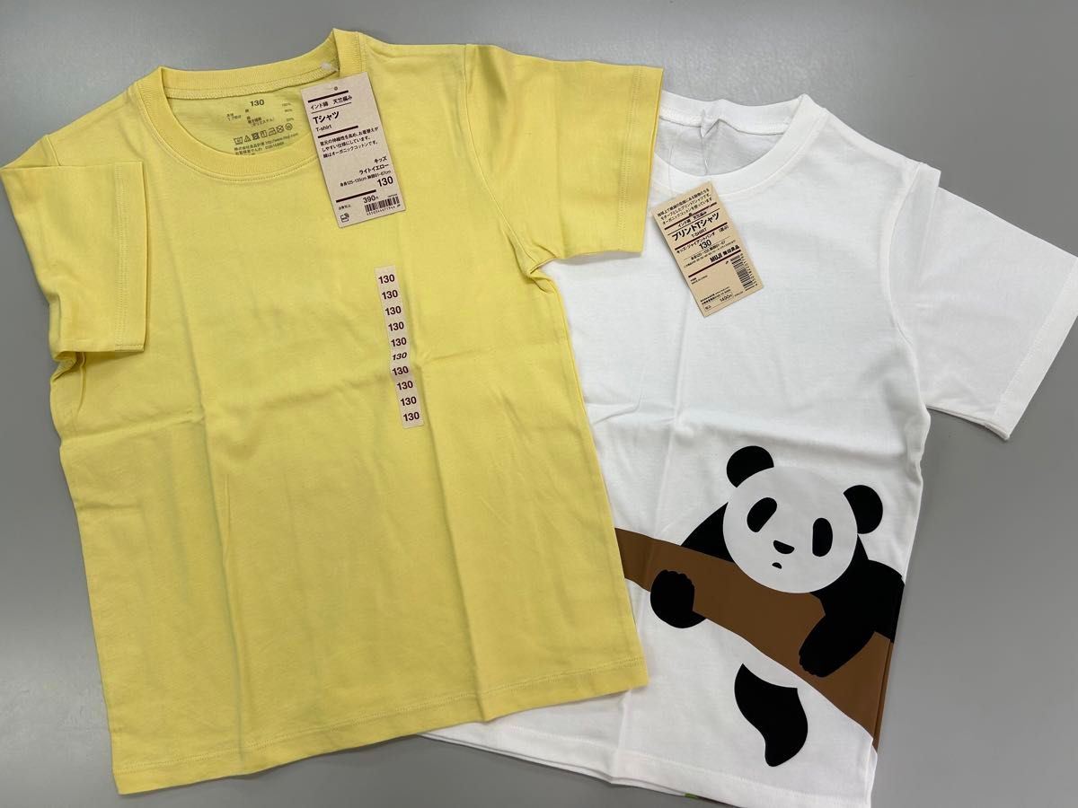 新品2枚セット　無印良品　プリント半袖Tシャツと無地Tシャツ　パンダ　白　黄色イエロー　130 オーガニックコットン　クルーネック
