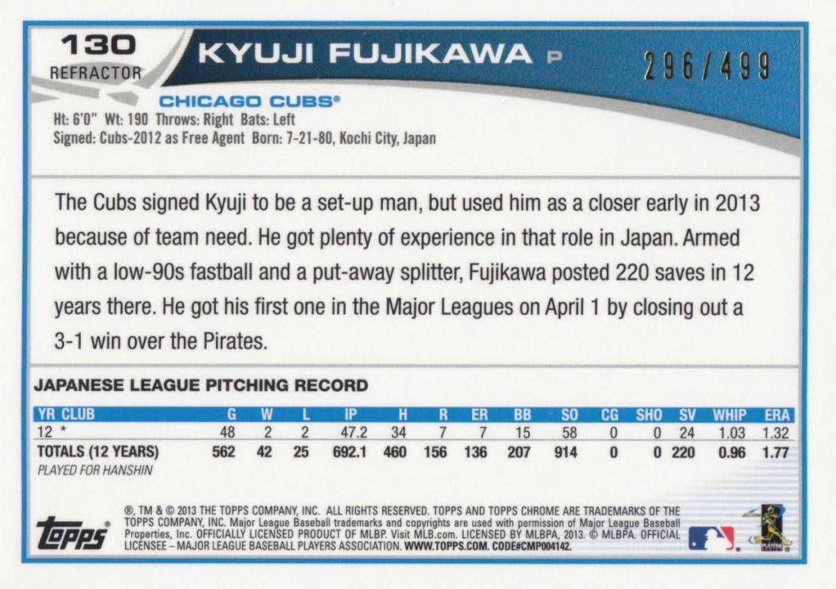 【藤川球児】ルーキー 直筆サインカード 499枚限定 阪神タイガース 2013 TOPPS AUTO CHROME AUTOGRAPH #検索 BBM EPOCH エポック_画像2