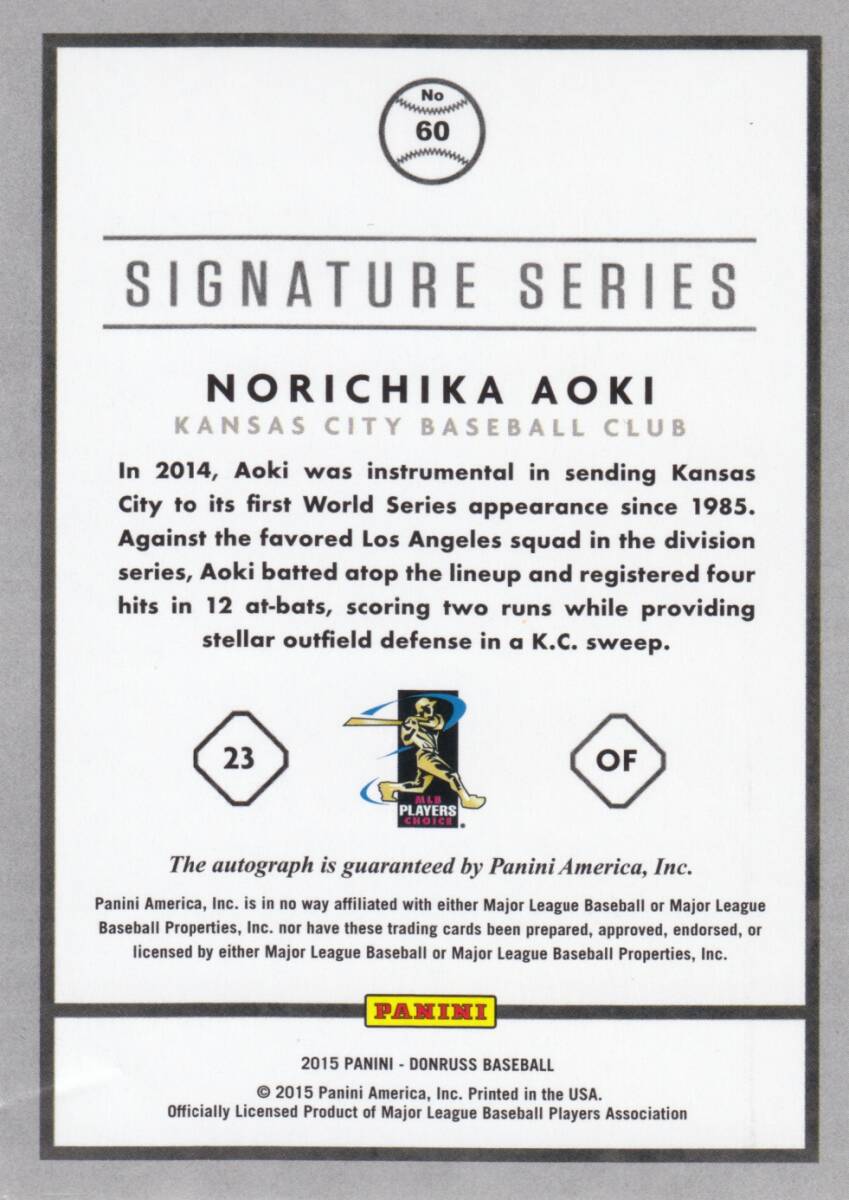 【青木宣親】直筆サインカード 東京ヤクルトスワローズ 2015 PANINI DONRUSS SIGNATURE SERIES AUTO #検索 TOPPS BBM EPOCH エポック_画像2