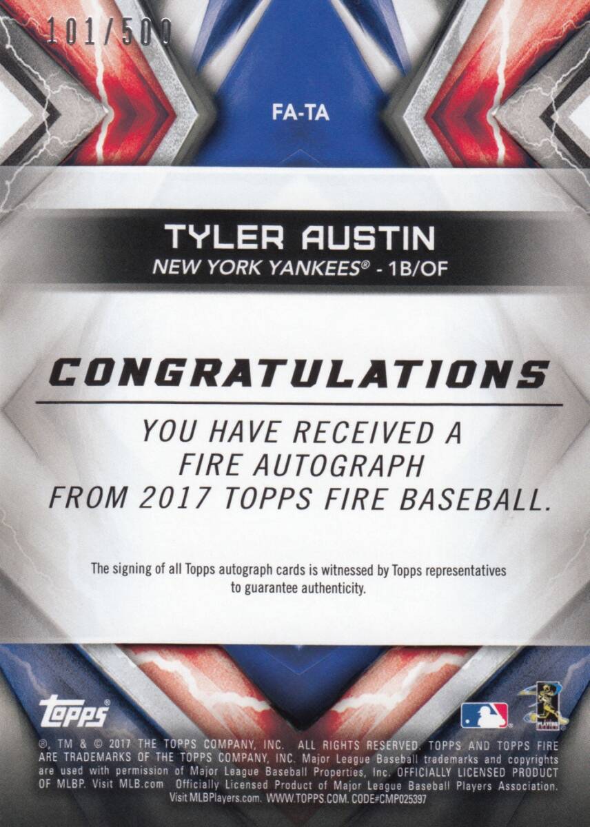 【タイラー・オースティン】ルーキー 直筆サインカード 500枚限定 横浜DeNAベイスターズ 2017 TOPPS TYLER AUSTIN AUTO #検索 BBM EPOCHの画像2