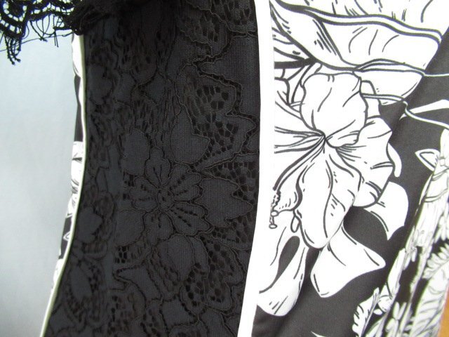 Super Beauty by Ohra Beau スーパービューティ 美品 サイドが花柄レース リボン付き花柄 半袖チュニック 42 黒×白★クロゆパ3可★o116の画像6