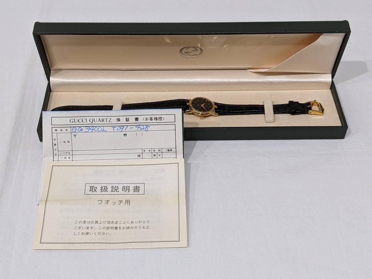 [46625]1 иен GUCCI Gucci 3400L кварц QZ чёрный циферблат Gold цвет раунд кожа ремень аналог женский Швейцария производства наручные часы коробка есть 