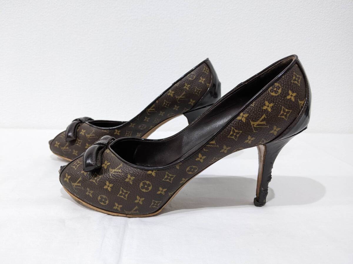 【1円～】Louis Vuitton ルイヴィトン LV パンプス オープントゥ ハイヒール リボンパンプス モノグラム ブラウン系 茶系 36 1/2 ヒール7cmの画像5