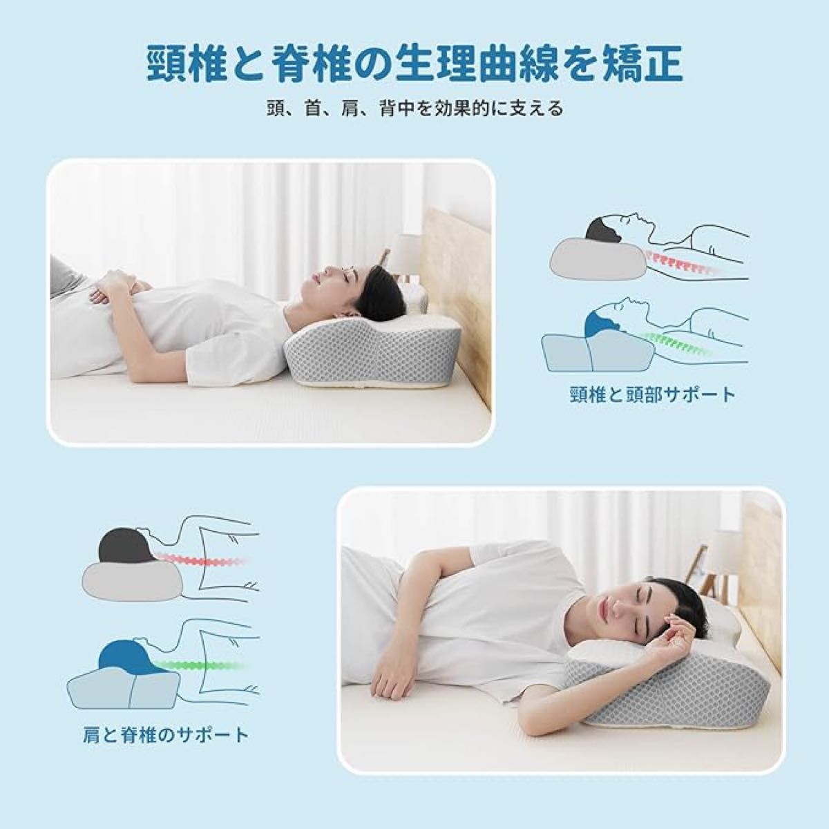 枕 低反発 肩がラク 安眠 中空設計 低反発枕 くぼみ形状 人間工学設計 快眠枕 仰向き 横向き いびき防止 通気性 洗えるカバー