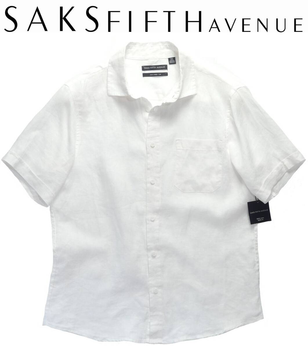 春夏物新品SAKS FIFTH AVENUEサックス・フィフス★皺のままが雰囲気◎涼しさMAXリネン100%タックアウト向け半袖シャツ【白XL＝日本3XL】 _画像1