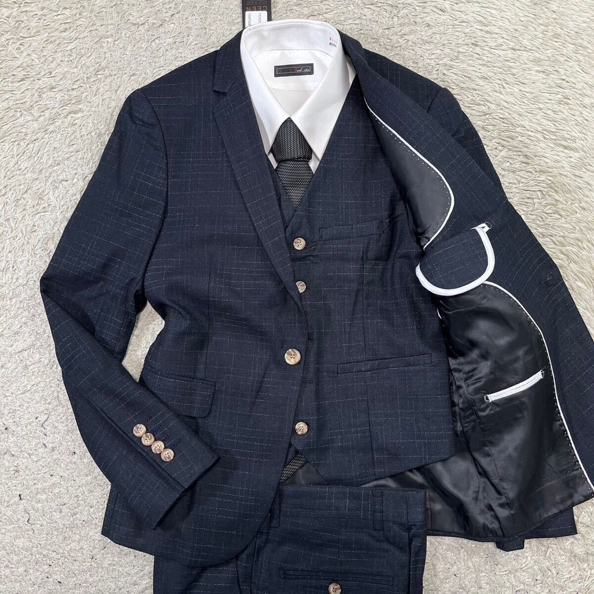 [ new goods * unused ]CEEN suit setup three-piece 3 piece tailored jacket check black XL