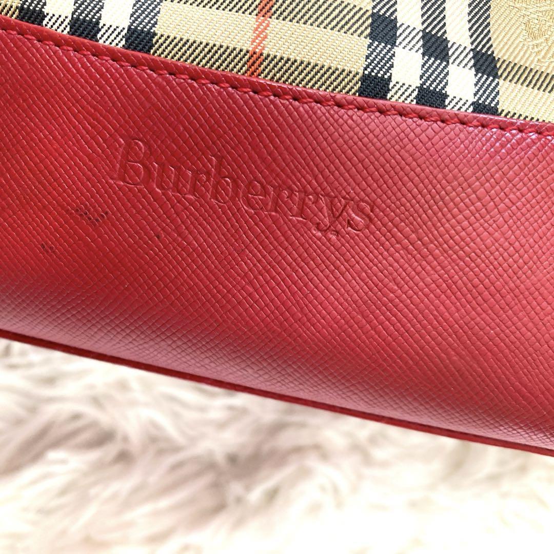 良品 Burberryバーバリー ハンドバッグ チャーム ノバチェック ボルドー レザー キャンバス トートバッグ ホースロゴの画像6