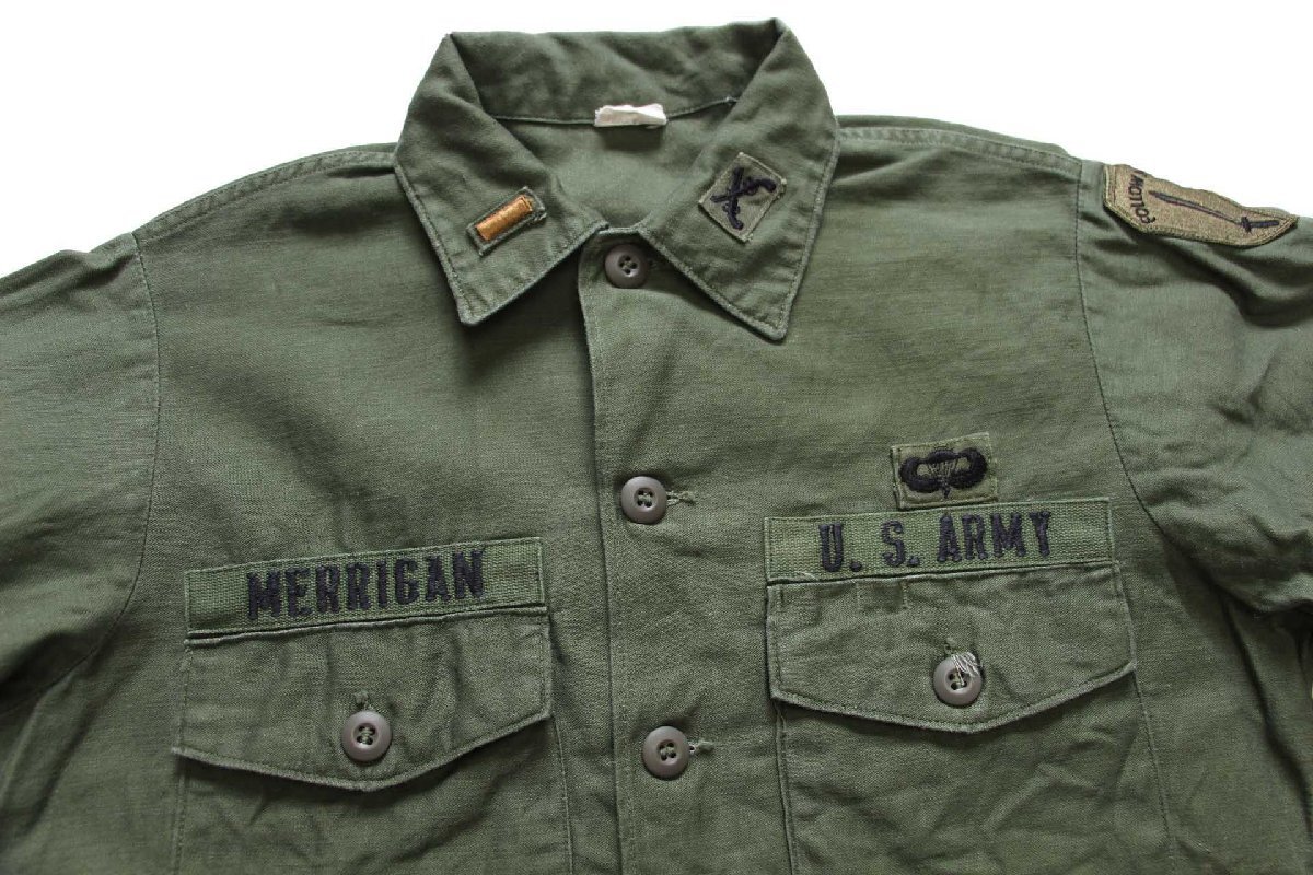 ★60s 米軍 U.S.ARMY パッチ付き コットンサテン ユーティリティシャツ オリーブグリーン 15.5★O ビンテージ ミリタリー ワッペン_画像3