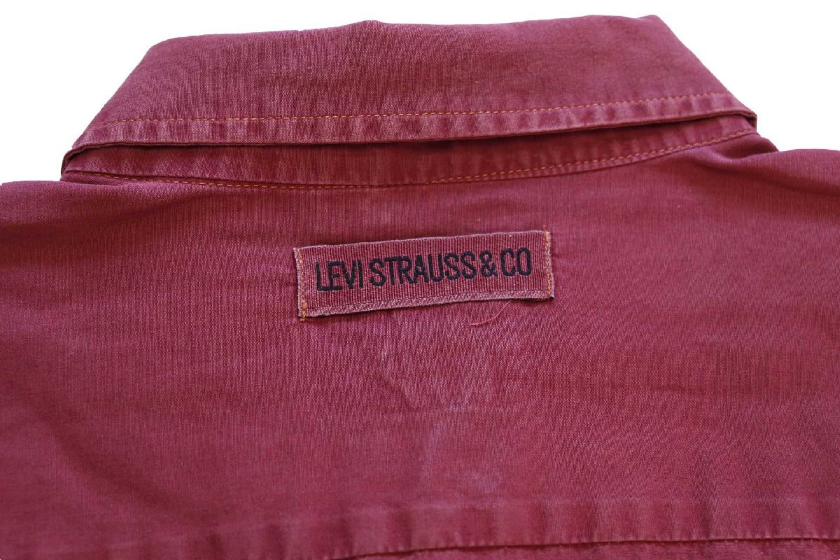 ★90s イタリア製 Levi'sリーバイス ロゴ刺繍 ボタンダウン コットンポプリン シャツ ワインレッド★ユーロ オールド オーバーサイズ_画像4