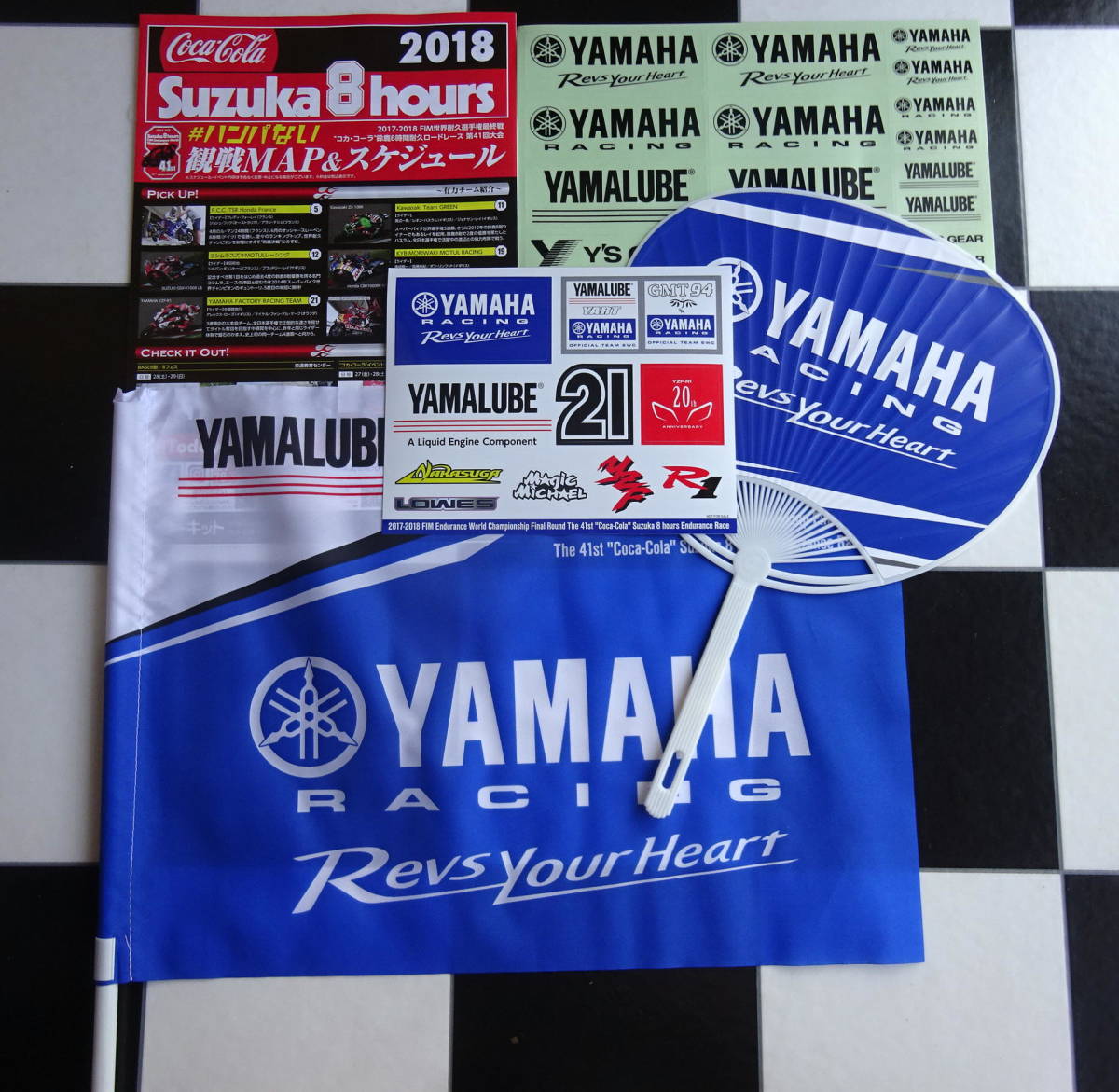 2018 鈴鹿8耐【YAMAHA FACTORY RACING TEAM #21】ヤマハレーシング 応援フラッグ&うちわ&ステッカー×2枚 計4点セット_画像1