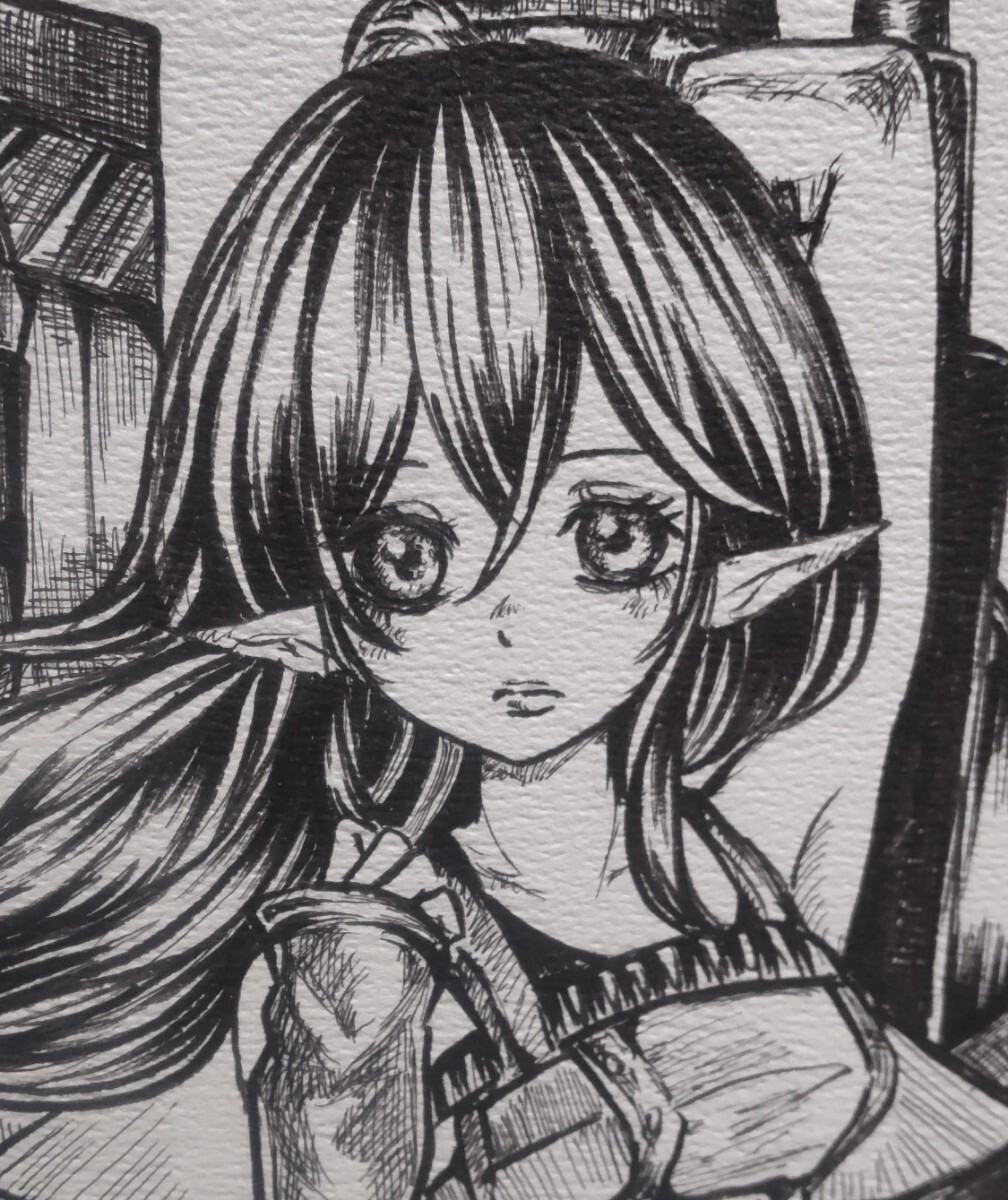 手描きイラスト★オリジナル B５サイズ ペン画 モノクロ 少女 『異世界警備。』の画像2