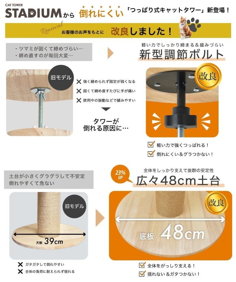 つっぱりキャットタワー 最大294.5cm キャットタワー スリム 省スペース 据え置き 突っ張り 爪とぎ 宇宙船 木製の画像4