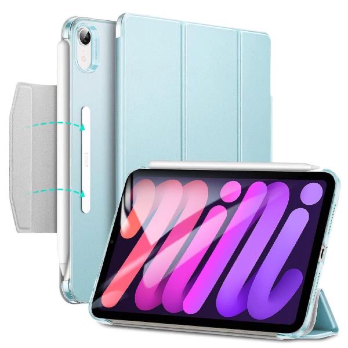ESR iPad mini6 ケース 三つ折りケース 半透明 手帳型 スマートケース 留め具付き 三つ折りスタンド オート カバー
