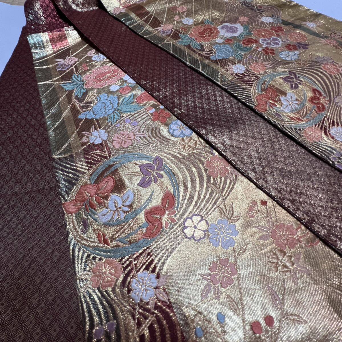 【wellriver】 袋帯 六通柄 着物 西陣 唐織 正絹 円形 花柄 刺繍 金糸 フォーマル 金箔 #B496！_画像7