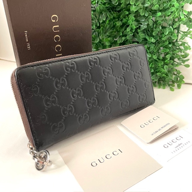 1円 美品 GUCCI グッチ シマ ブラウン マットブラック ラウンドファスナー長財布 ユニセックスの画像1