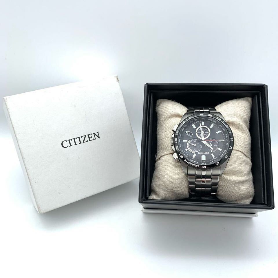 【稼働◯】CITIZEN シチズン E660-S119936 エコドライブ 電波時計 クロノグラフ シルバー ブラック文字盤 箱