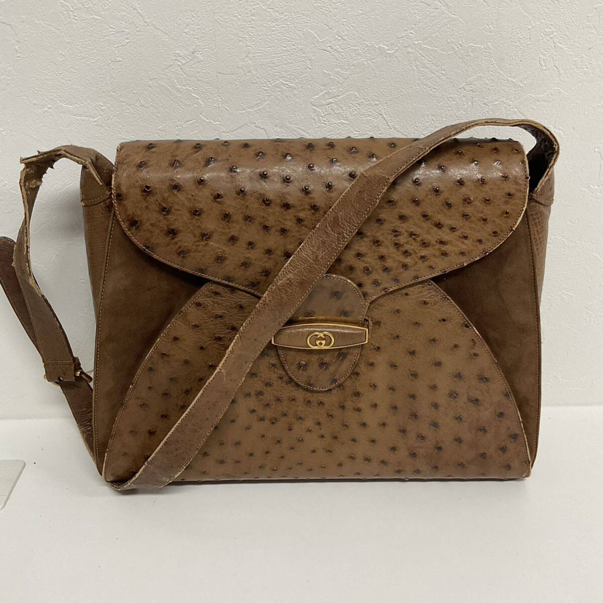 KSB007-100◆ GUCCI／オールドグッチ オーストリッチ ヴィンテージ レザー ブラウン ショルダーバッグ の画像1