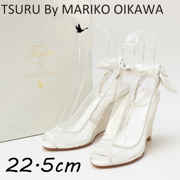 *TSURU by Mariko Oikawatsurubaima Rico o squid mesh × leather dot pattern ribbon open tu Wedge sole pumps white 34