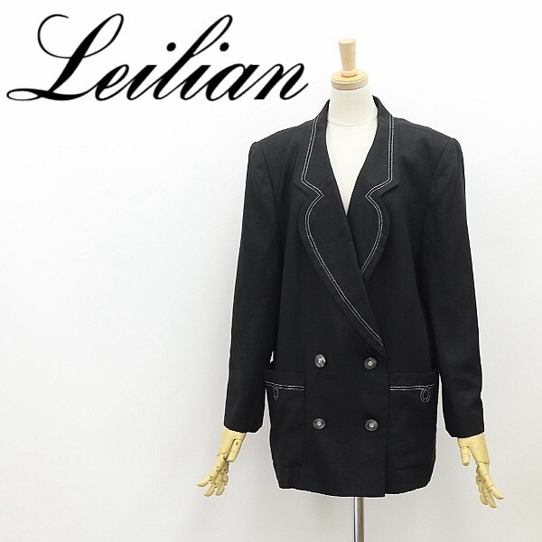 ◆Leilian レリアン リネン100％ デザインボタン ダブル ジャケット 黒 ブラック 13+ 大きいサイズ_画像1