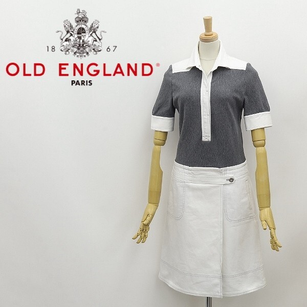 ◆OLD ENGLAND オールド イングランド ストレッチ ホワイトデニム 切替 ドッキング ワンピース 白 ホワイト×グレー 36_画像1