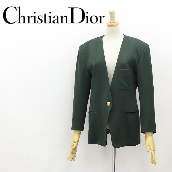 ヴィンテージ◆Christian Dior SPORTS クリスチャン ディオール 金釦 ノーカラー ジャケット ダークグリーン S_画像1