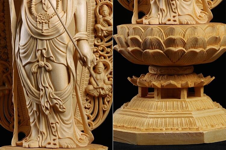 総檜材　仏教工芸品　木彫仏教　精密彫刻　極上品　仏師で仕上げ品　日光観音菩薩立像 高43cm_画像6