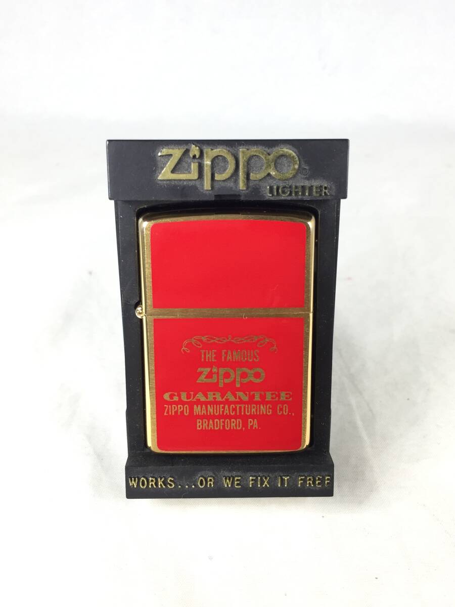 【ジャンク品】ZIPPO THE FAMOUS GUARANTEE レッド×ゴールド ケース付き 着火未確認 ※長期保管品 ジッポ ライター オイルライターの画像1