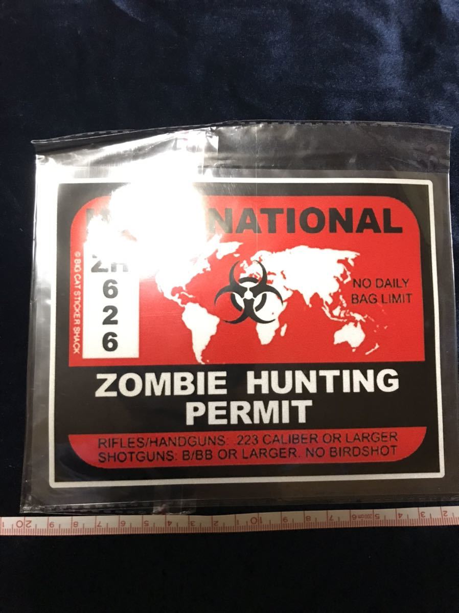 海外製　zombie hunting permit ゾンビハント許可シール　米国　アメリカ　パロディ　耐水性　高耐久　ガンケース　車　ステッカー　赤_画像1