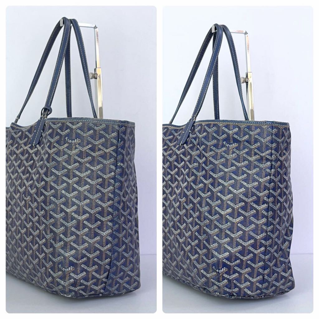 1円 ◎ GOYARD ゴヤール サンルイPM トートバッグ ビジネスバッグ コーティングキャンバス レザー ネイビー 総柄 モノグラム ポーチ付きの画像4