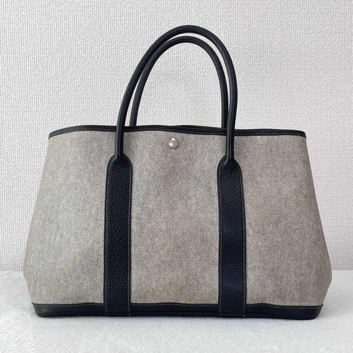 1円 ◎ HERMES エルメス ガーデンパーティPM 36 トートバッグ ハンドバッグ トワルアッシュ レザー グレー×ブラック T刻印 フランス製の画像2