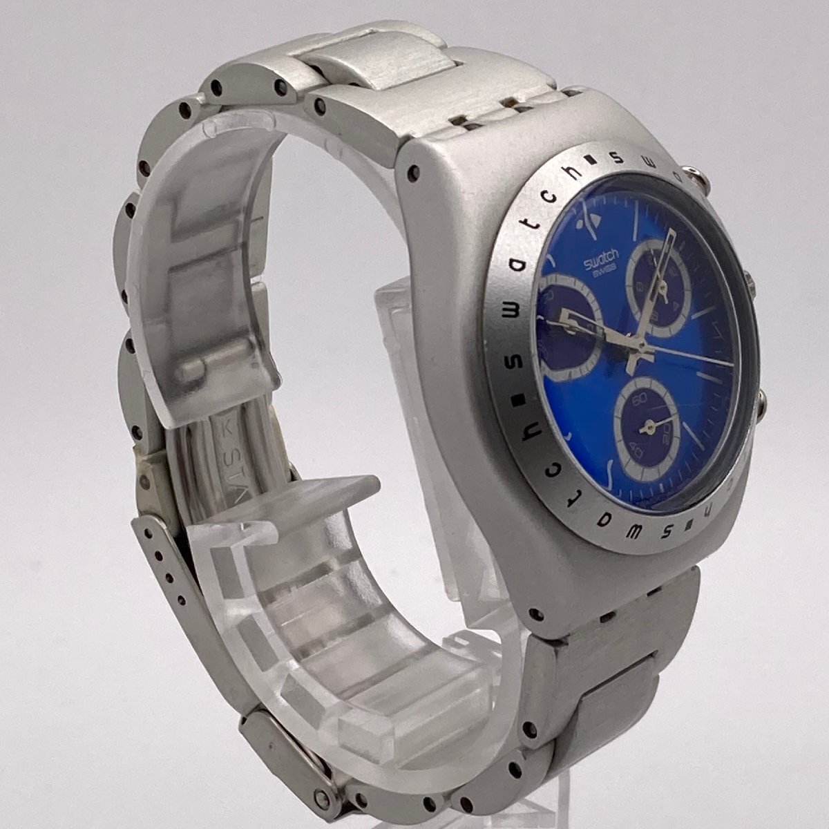 swatch スウォッチ アイロニー アルミニウム ブルー文字盤 クロノグラフ クォーツ メンズ腕時計 ジャンク 3-80-Hの画像3