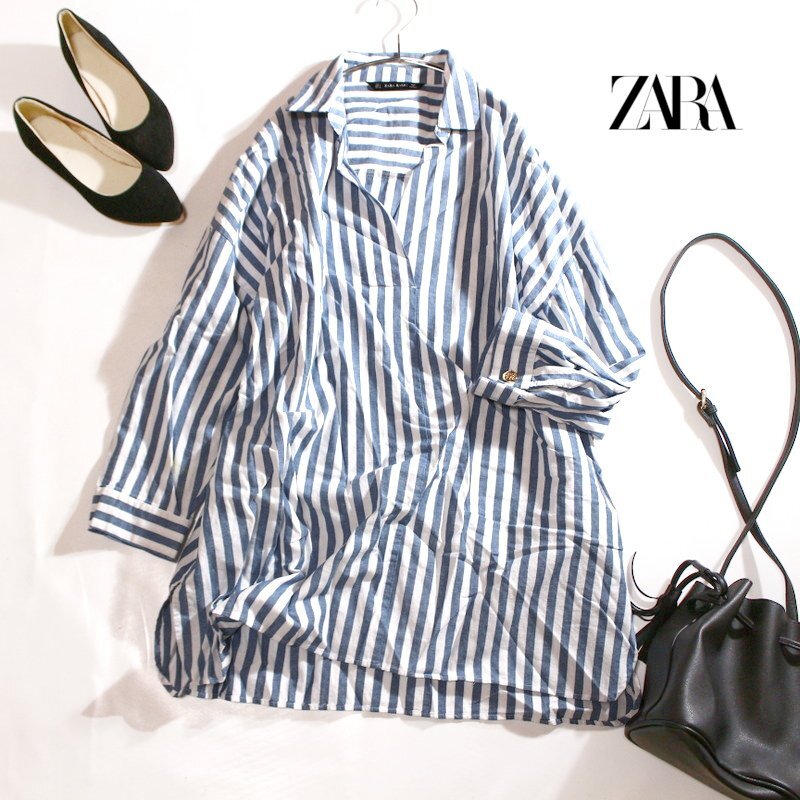 ZARA BASIC ザラ ベーシック 春 夏 ストライプ柄 シャツ生地 ワンピース丈 ロングカットソー L ネイビー 紺 ホワイト 白_画像1